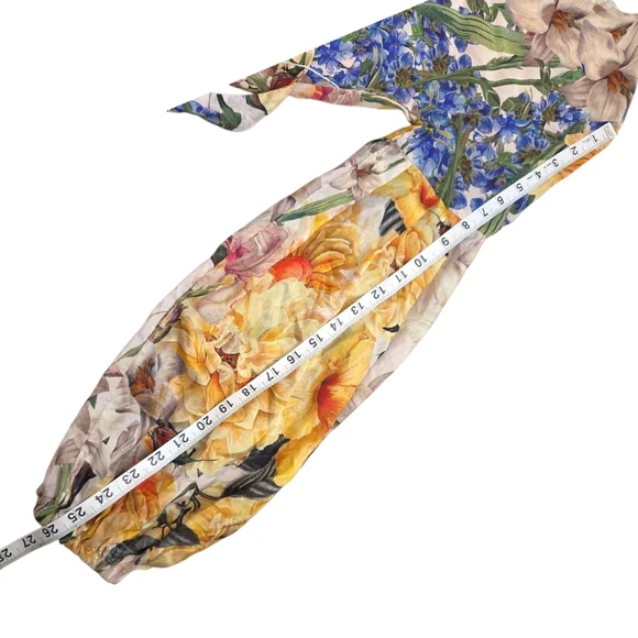 Uli Herzner Silk Floral Yellow Blue Long Baloon Sleeve V-neck Maxi Dress S/M - Picture 6 of 8